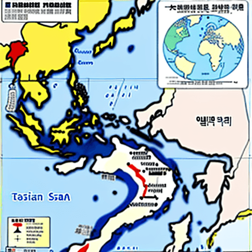 AI generated: map of East Asian whith marked conflicts in Taiwan, the Korean Peninsula and the South China Sea

