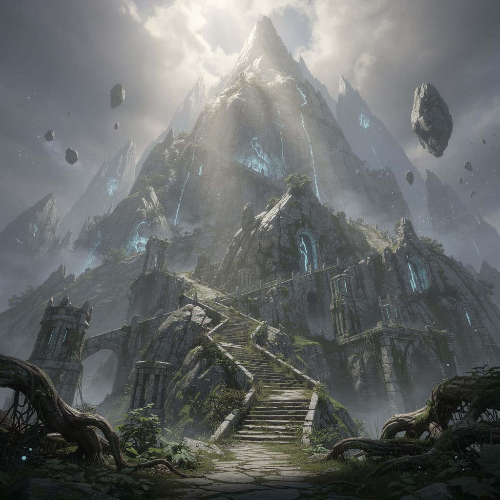 AI generated: genera una imagen de una montaña estilo fantasía como en un videojuego y que la cámara sea desde el ...