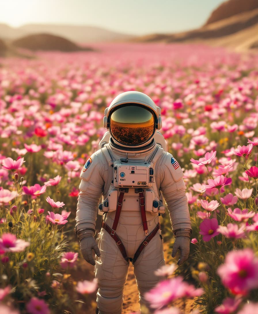 AI generated: A highly detailed astronaut in a realistic, well-textured space suit standing at the center of a vas...