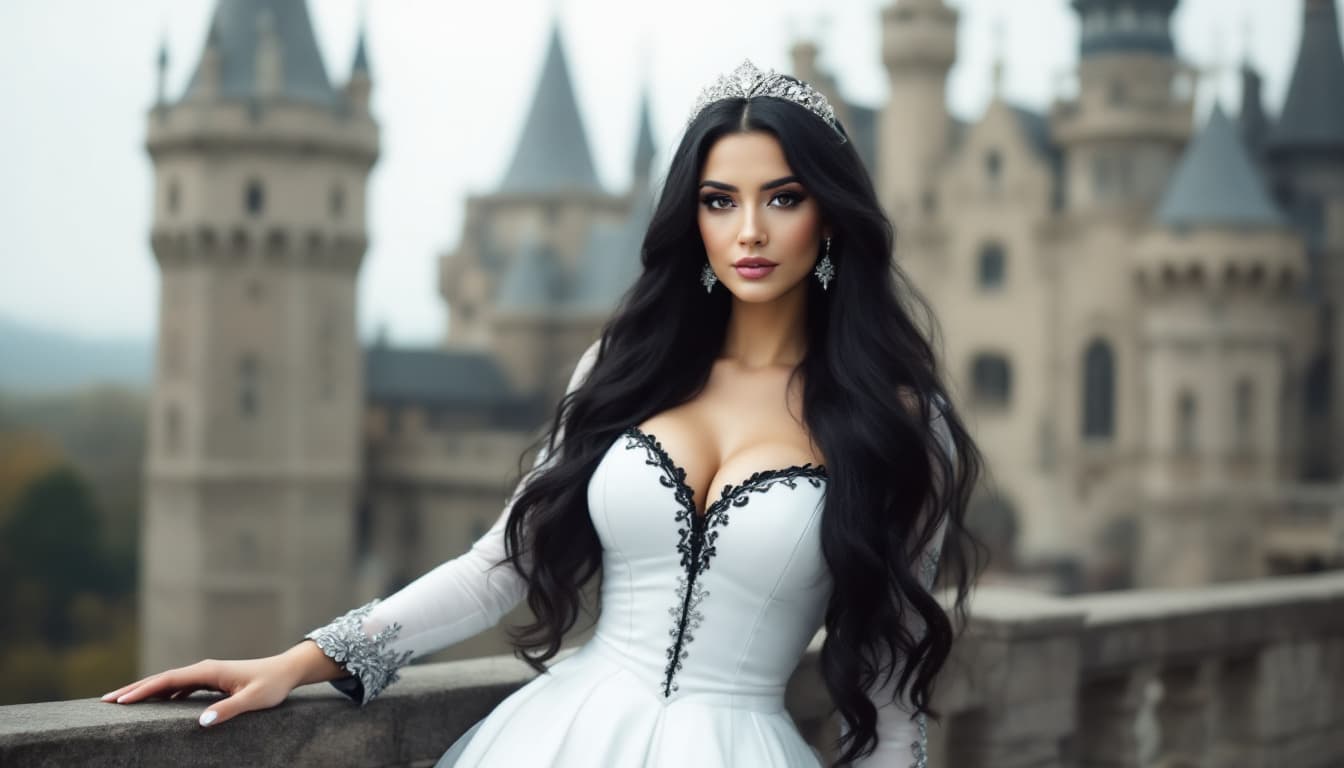 AI generated: a woman in a white dress standing in front of a castle. The woman has long, wavy black hair and is w...