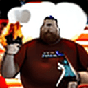AI generated: A fat American man lighting a BBQ with a (red can of gasoline) lots of meat on the BBQ. USA Flag clo...