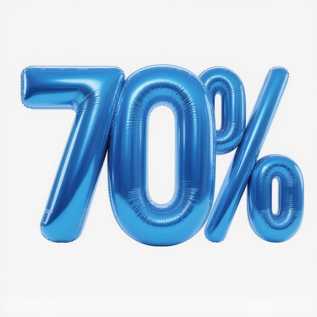 AI generated: Giant inflatable 3D text '70%' made of glossy, vibrant blue vinyl, stylized like a shiny party ballo...