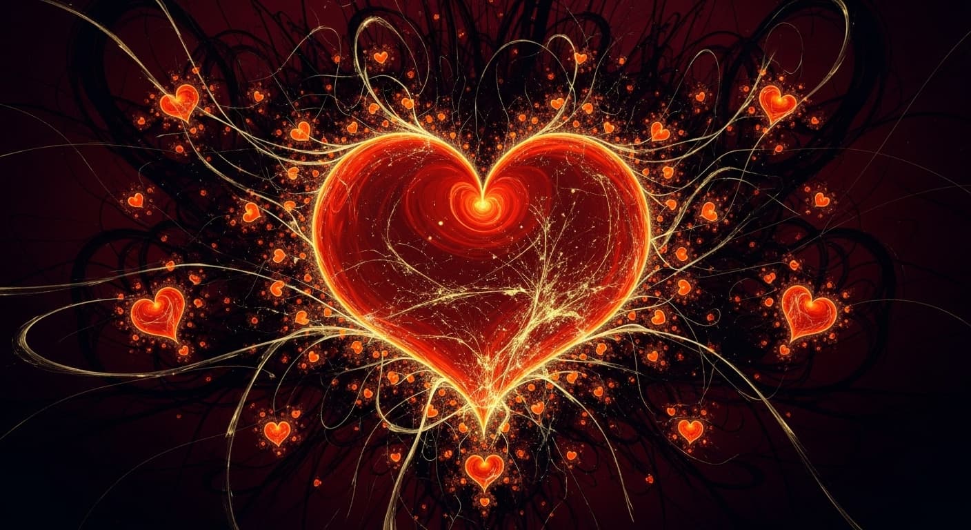 AI generated: A majestic fractal with orange hearts all over the place, ink splash, Mandelbrot heart with red bloo...