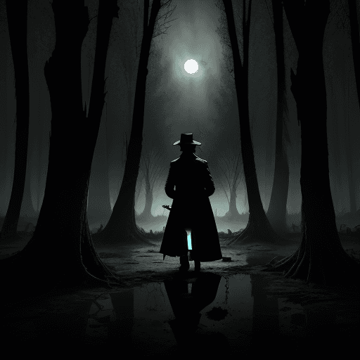 AI generated: Epic scene, a small silhouette of a man in a trench coat, holding a sword, short hair, long coat, bo...