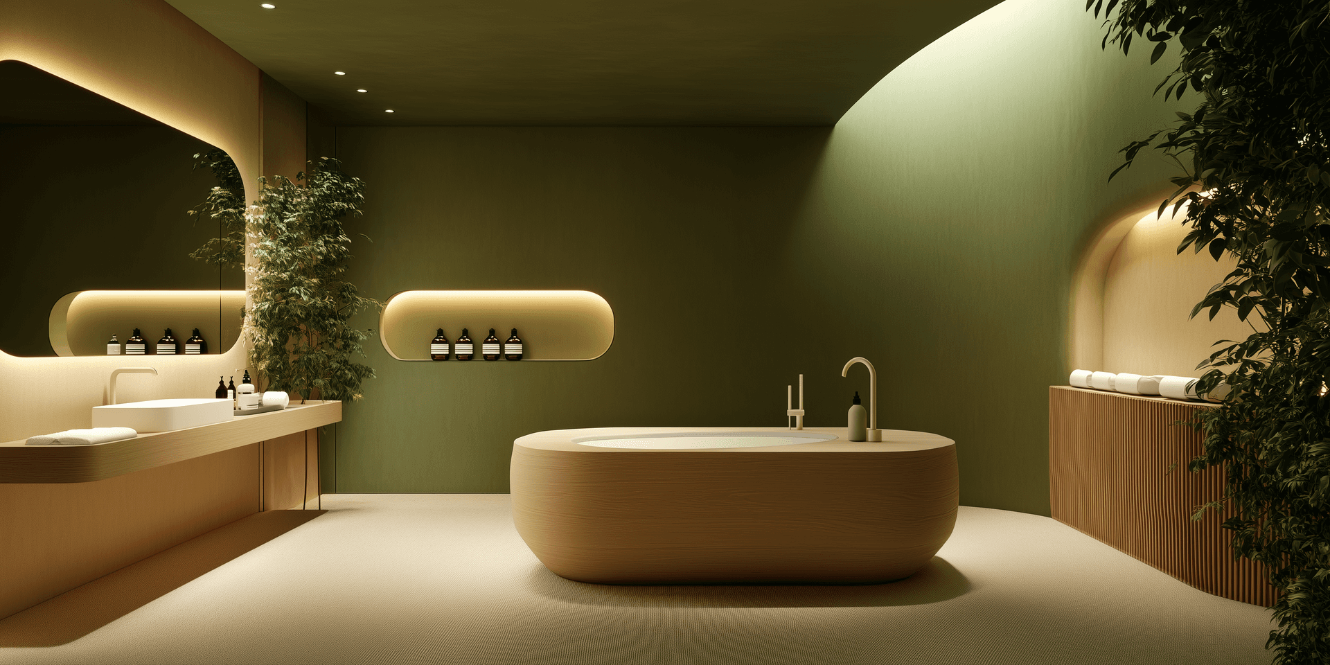 AI generated: Photo, Aesop-branded store design, minimal interior space with warm, low-luminosity indirect lightin...