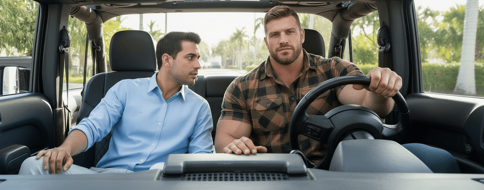 AI generated: At a parking lot scenario. A bodybuilder is 6'4" tall, he has huge muscular shoulders, he is wearing...