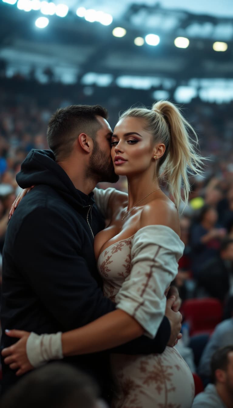 AI generated: woman petite blonde, model, ponytail hair, surrounded by men in a stadium tribune celebrating a goal...