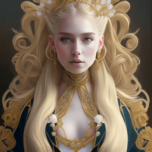AI generated: portrait of a humanoid princess with long blonde hair, standing next to a beautiful view, ornate whi...