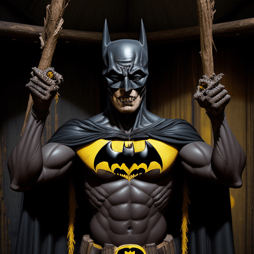 AI generated: A Batman in the creepy hut, with dark complexion skin, yellow eyes, symmetrical features, creepy-loo...