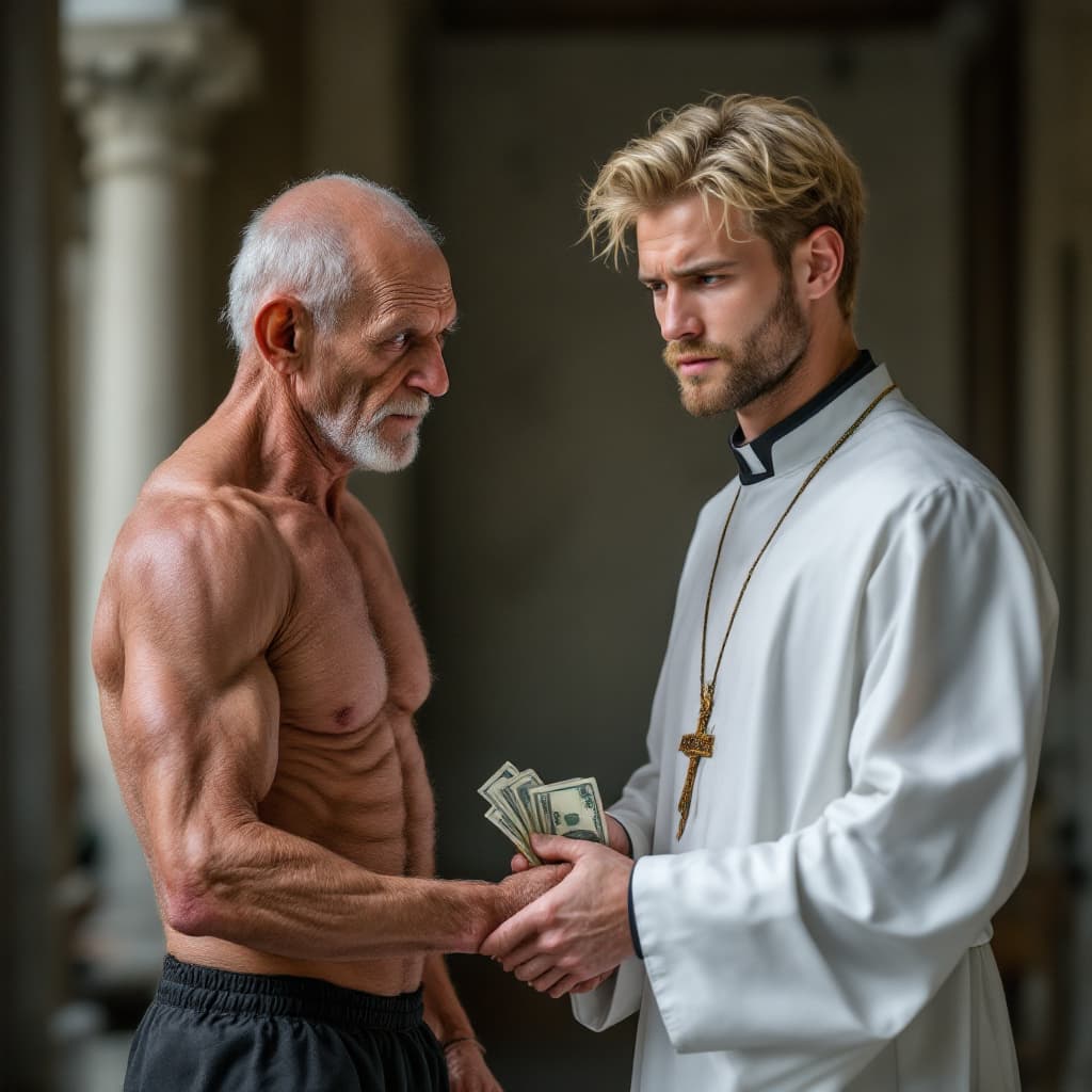 AI generated: high-resolution photo of a skinny elderly catholic priest, next to muscular, young man with light bl...