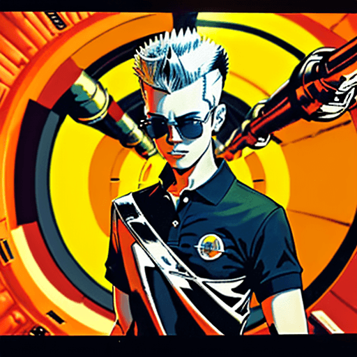 AI generated: A young man with spiky hairstyle in a polo shirt, wear a sunglasses inside a large spaceship, in the...