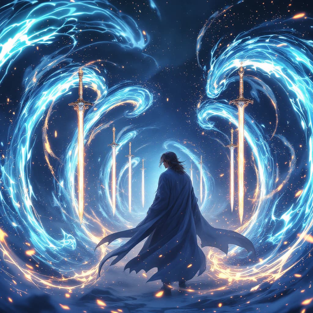 AI generated: In a mesmerizing scene, an ethereal anime man stands amidst swirling portals, each exuding sparkling...