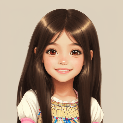 AI generated: 7 years old girl, pretty,wide brown eyes,smilin,Egyptian, long stright hair,illustration style