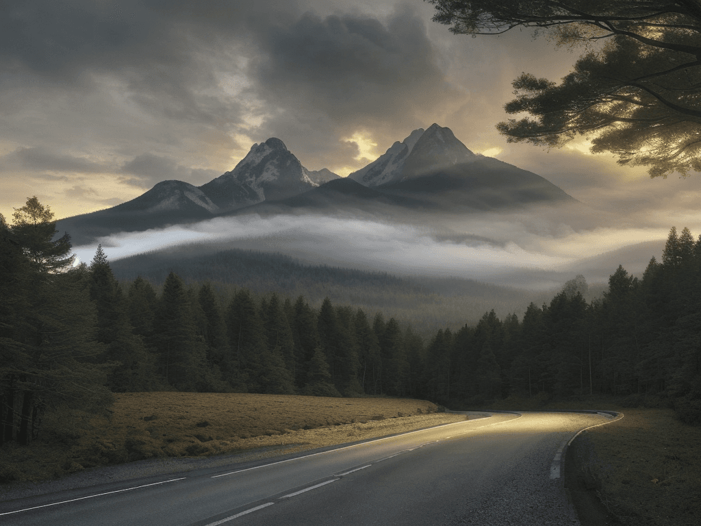 AI generated: a serene and mystical landscape with a road winding through a forest, set against a backdrop of towe...