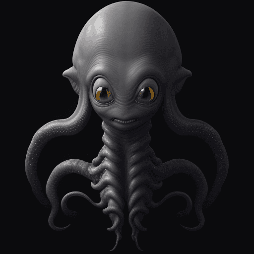 AI generated:  high quality foto of a black grey alien monster, no eyes, without mouth, long tentacle, big warts, ...