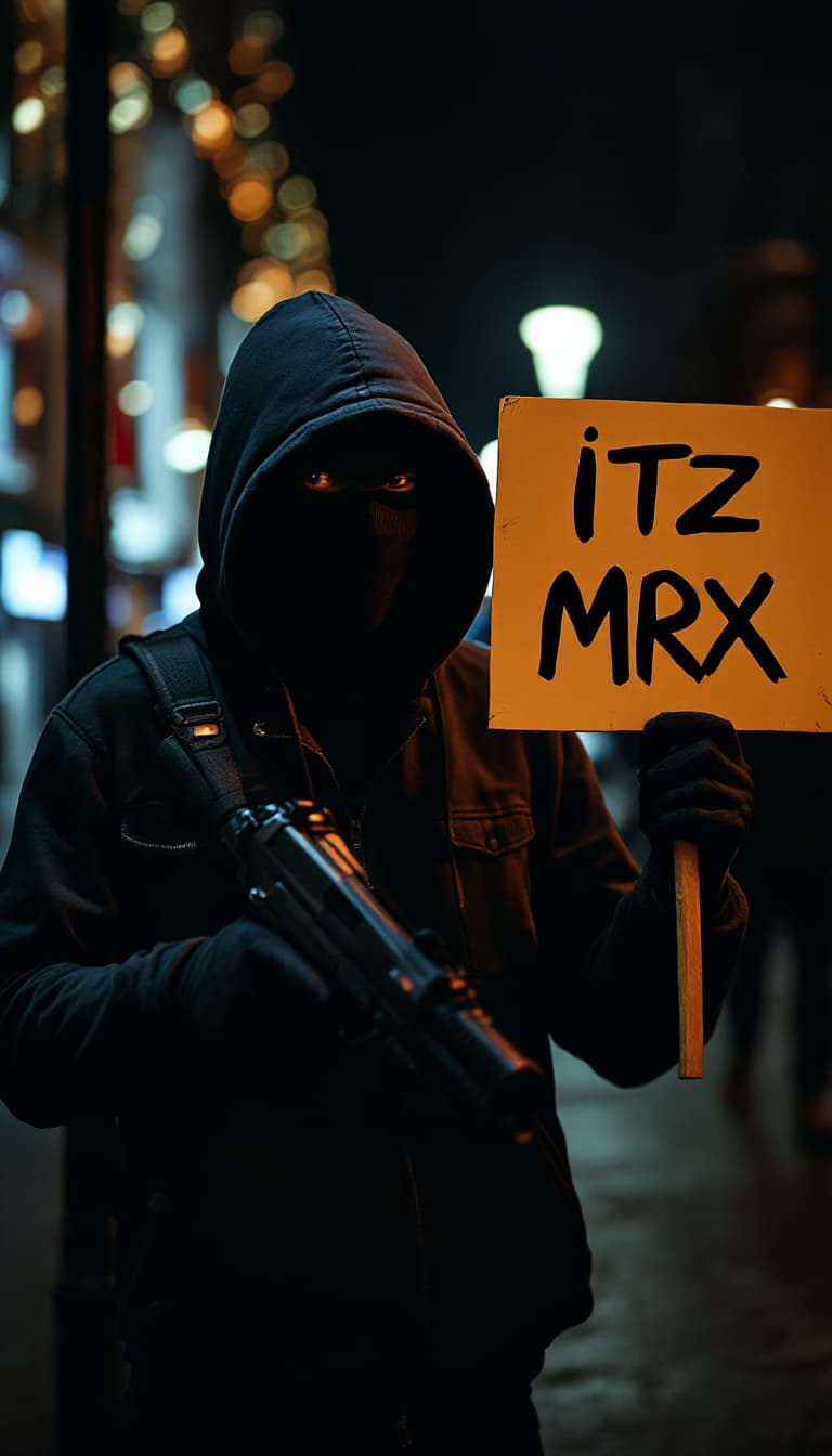 AI generated: t man wearing black hoodie holding a sign in the right  saying "Itz Mrx" , and in holding high reali...