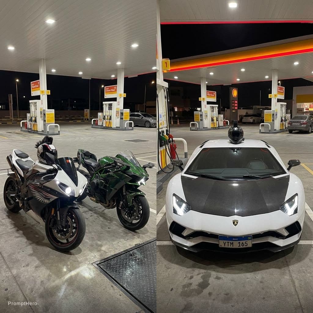AI generated:  Merge them side by side in one real photo as standing side by side in Gas Station 