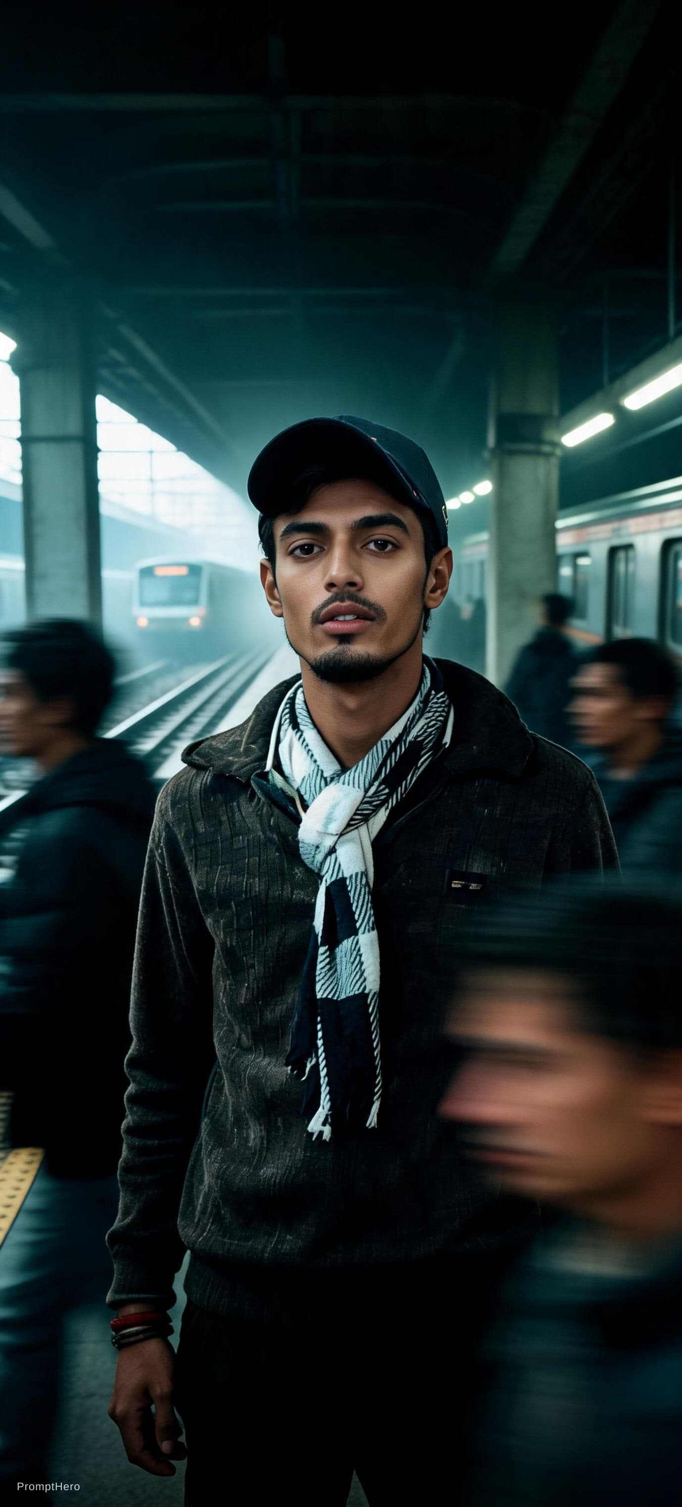 AI generated: Cinematic editorial portrait of a young man in her early twenties standing motionless at the
center ...