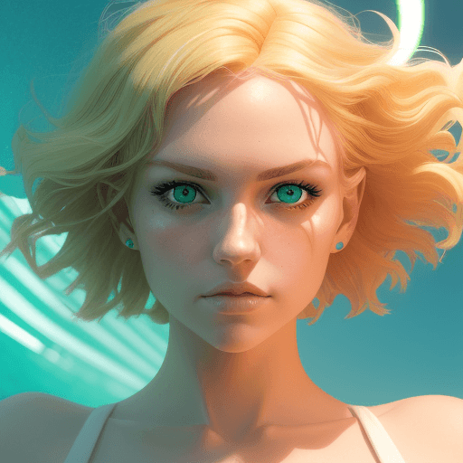 AI generated: a green eyed woman with blonde hair, in the style of cinematic lighting, light orange and white, , r...