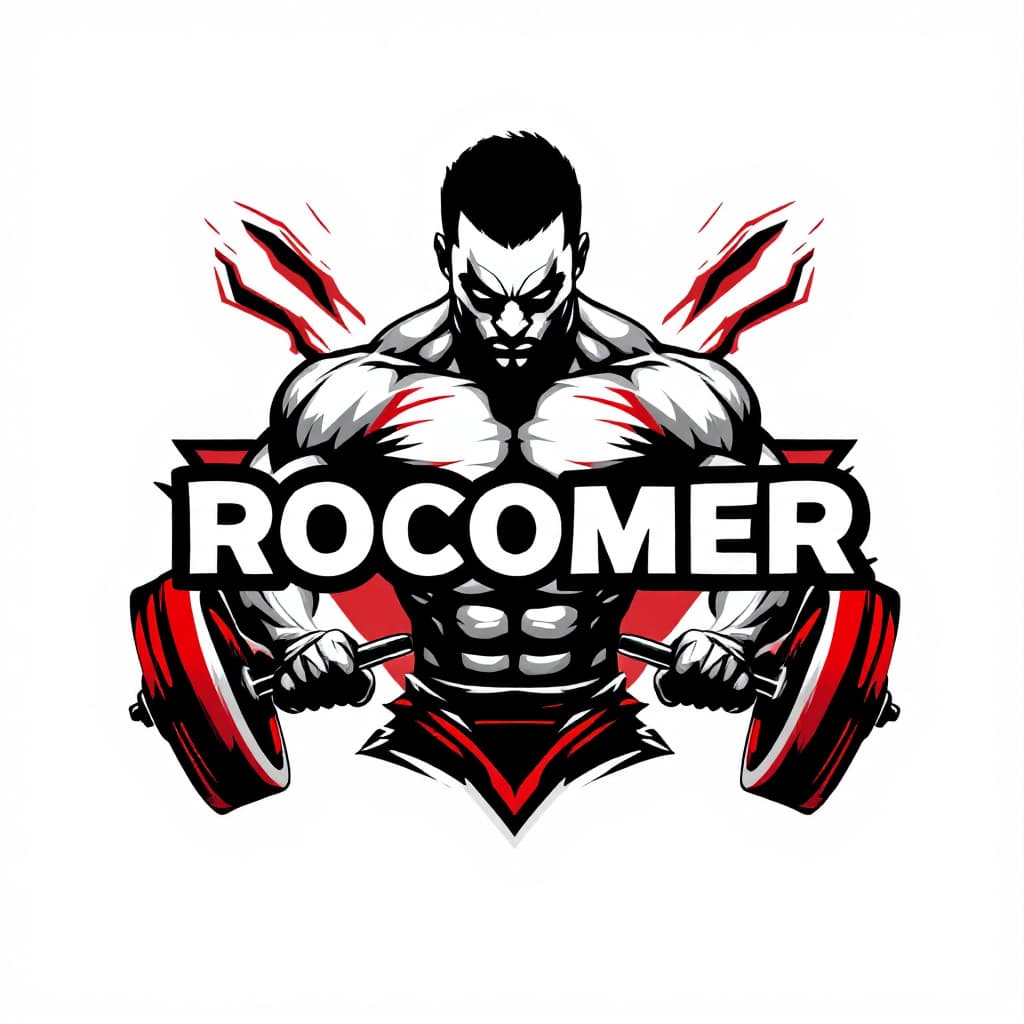 AI generated: logo for a gym with the name rocomer in the middle of the logo. The colors have to be red, black and...