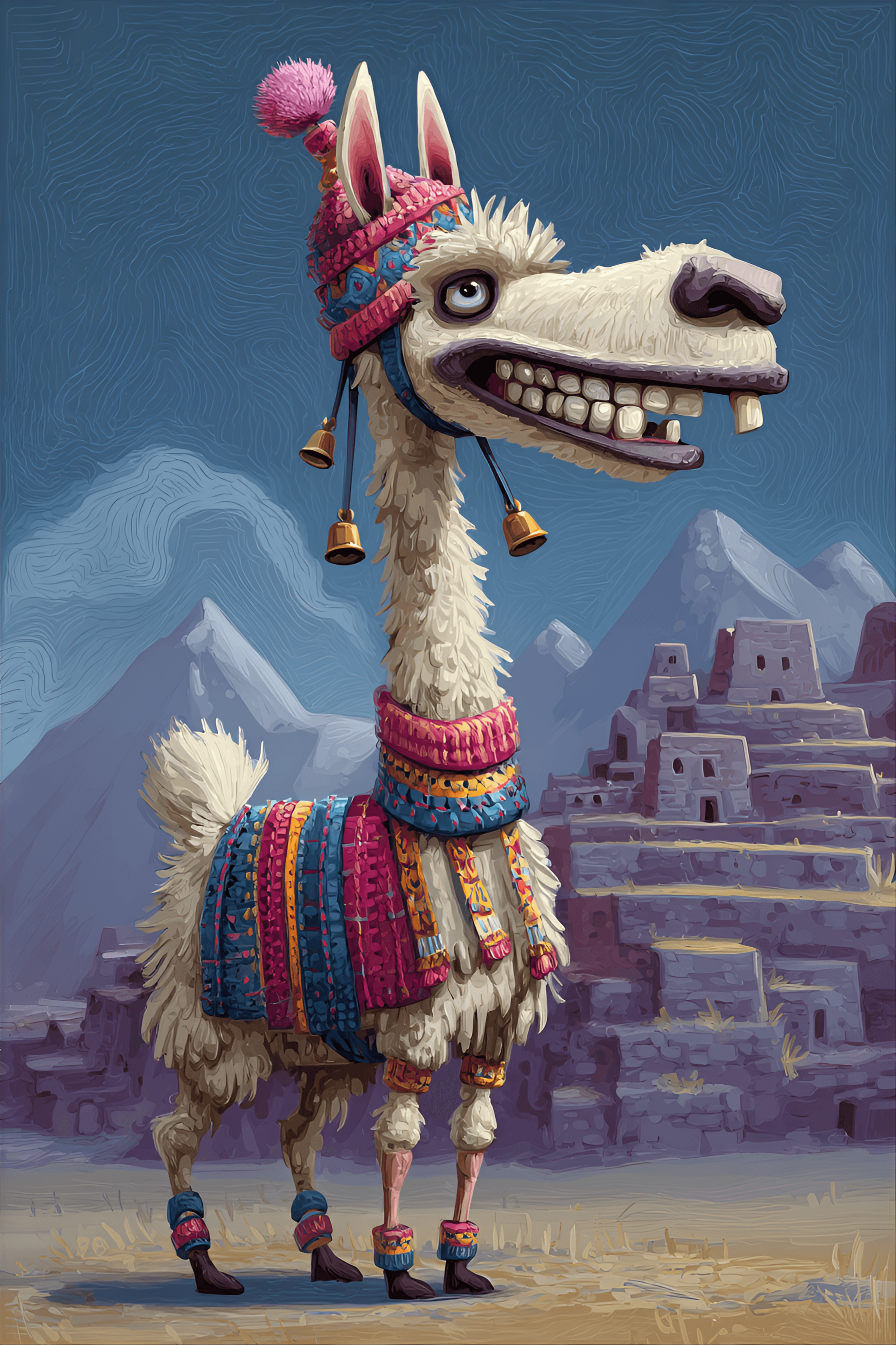 AI generated: funny caricature, silly llama character, peruvian ethnicity, 5 years old, aloof, curious, dramatic, ...