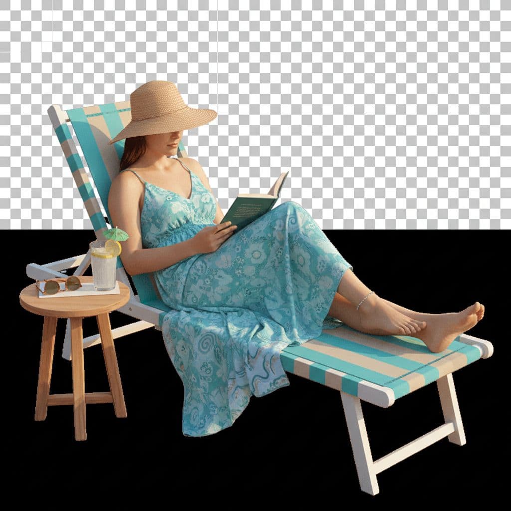 AI generated: create a POD only image of a woman sat on a beach chair. transparent background
