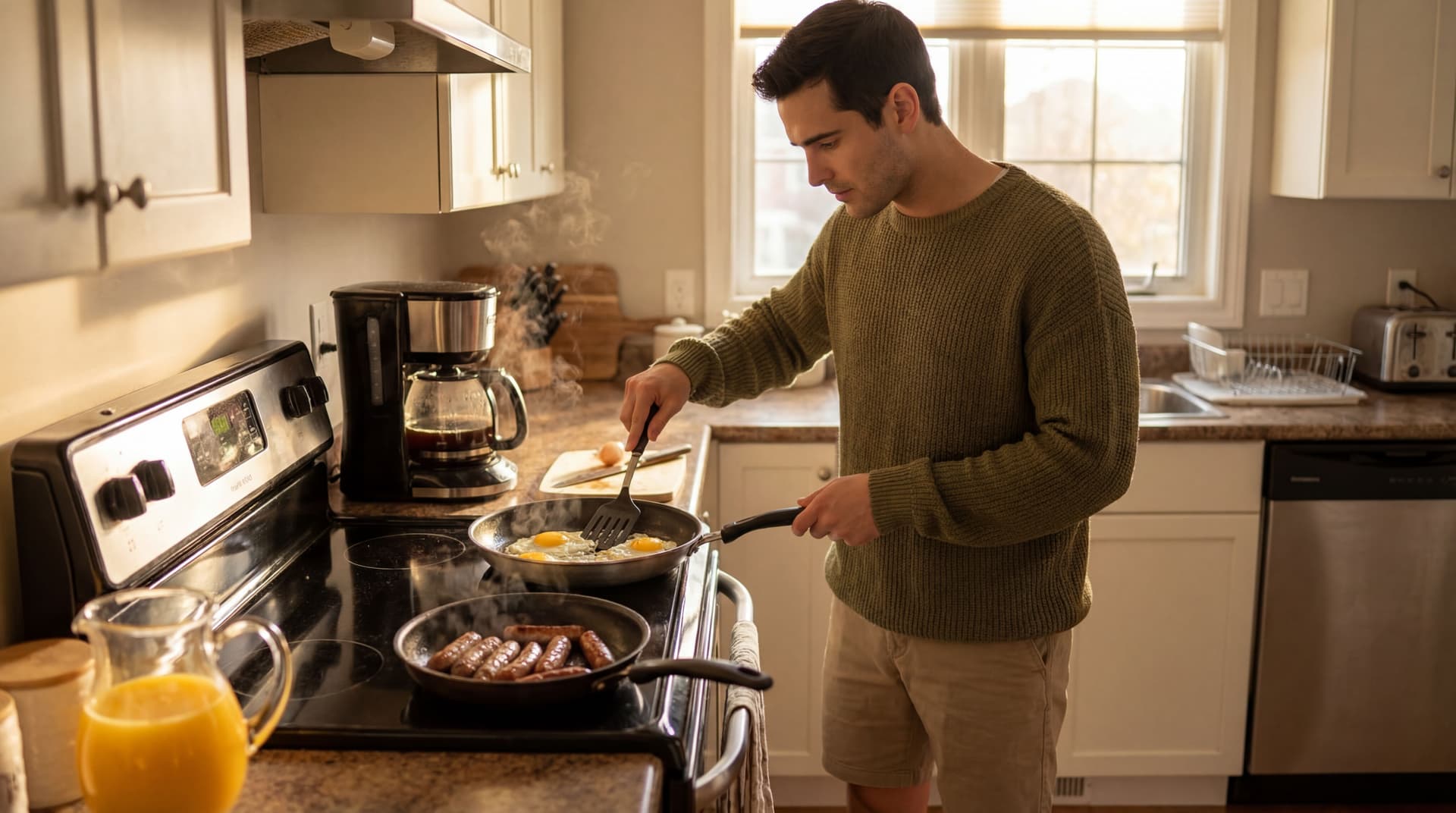 AI generated: At a cozy kitchen. Sunny morning. On the stove the Hispanic guy is cooking fried eggs. There is a co...