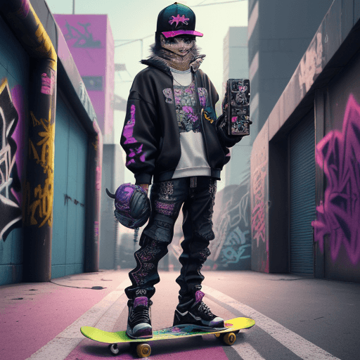 AI generated: Cyberpunk style, a cat standing on a skateboard, wearing a backwards baseball cap and holding a boom...