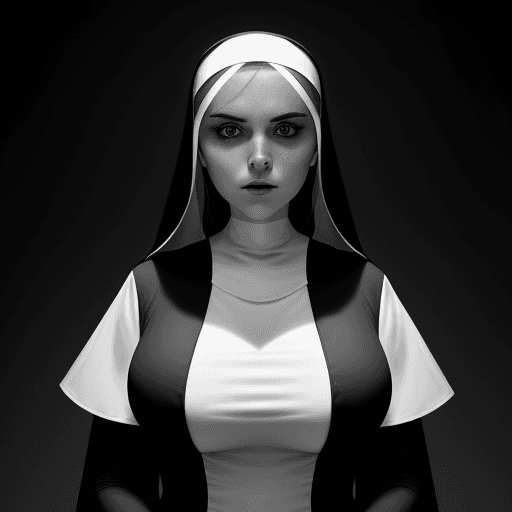 AI generated: A beautiful girl dressed as a nun showing her breast, professional black and white model photography...