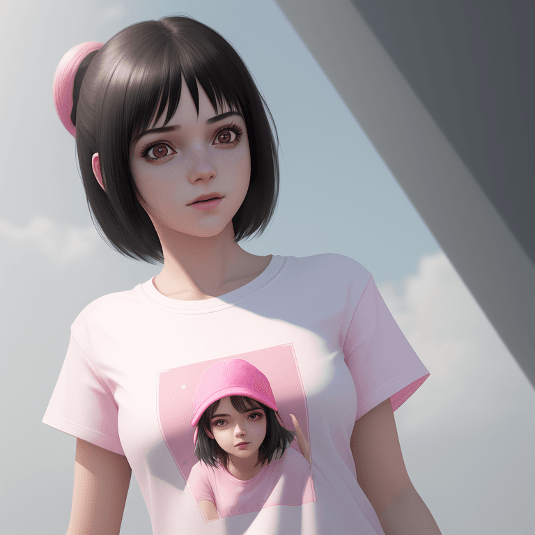 AI generated: high detail, octane render, a girl with happy, wearing t-shirt with white pink color, black hair, hi...