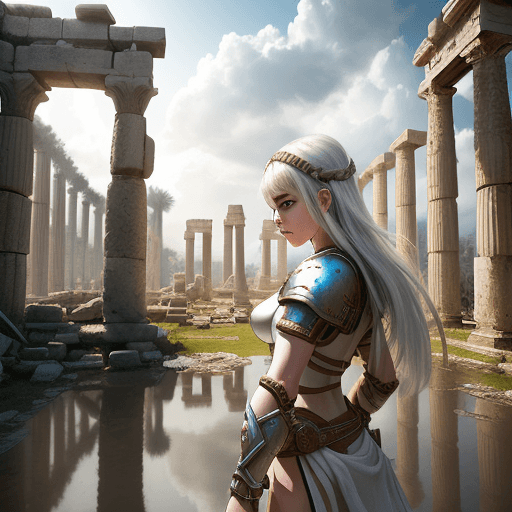 AI generated: warrior girl in white armor, against the backdrop of the civilization of the ruins of an ancient tem...