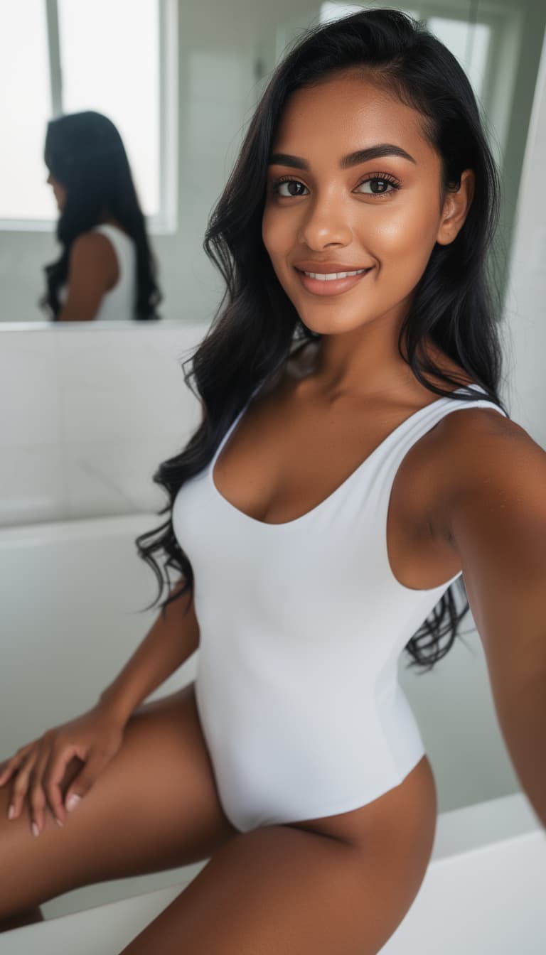 AI generated: A photorealistic selfie-style image of a stunning 18-year-old girl with black hair and brown skin wi...