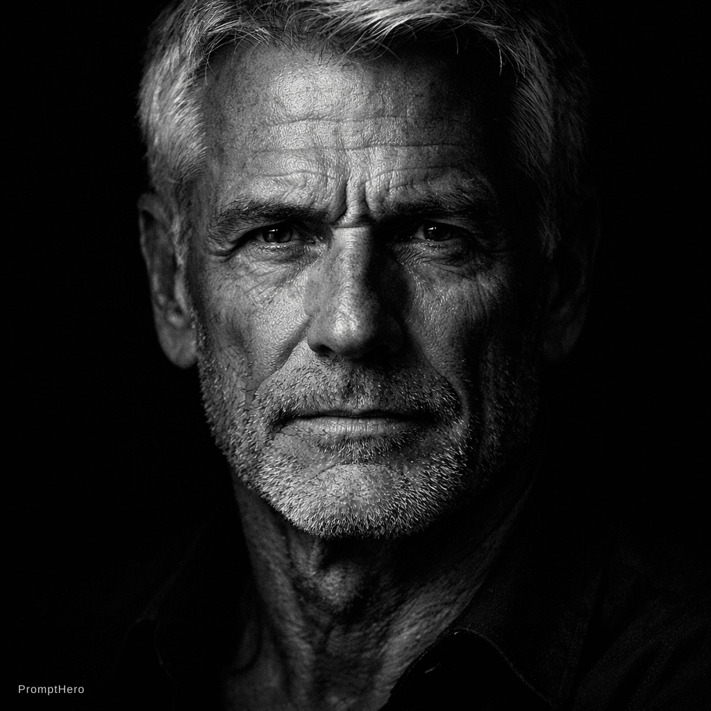 AI generated: High-definition black and white portrait of an attractive mature man, 60–80 years old. Minimalist be...