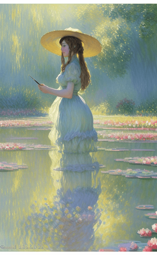 AI generated: a stunning watercolor painting on canvas of a beautiful woman, in the style of Claude Monet :: 4 Giv...