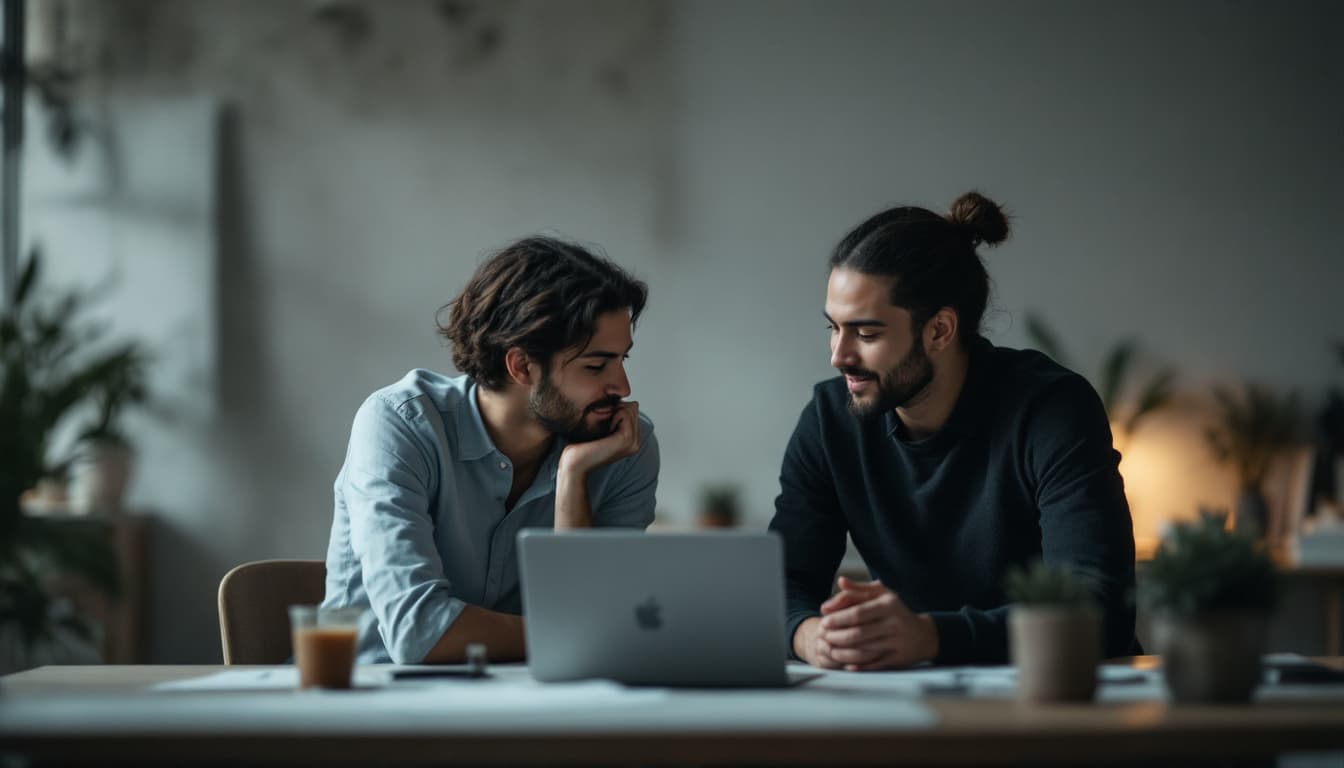 AI generated: Two young professionals collaborating quietly in a minimalist modern workspace, cinematic lighting, ...