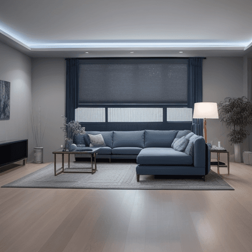 AI generated: Photograph a contemporary living room, soft light of dusk, integration wood flooring, soothing grey ...