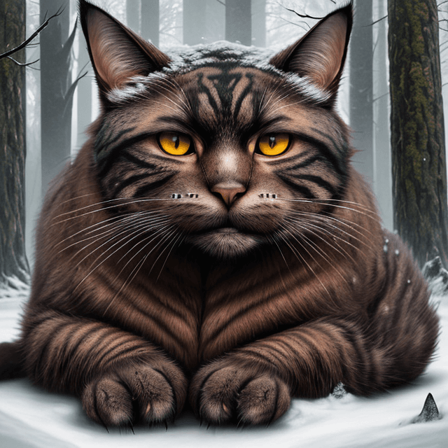 AI generated: front  view of a nice, wise, gloomy,  giant,  brown very old cat resting  in a winter prehistoric fo...