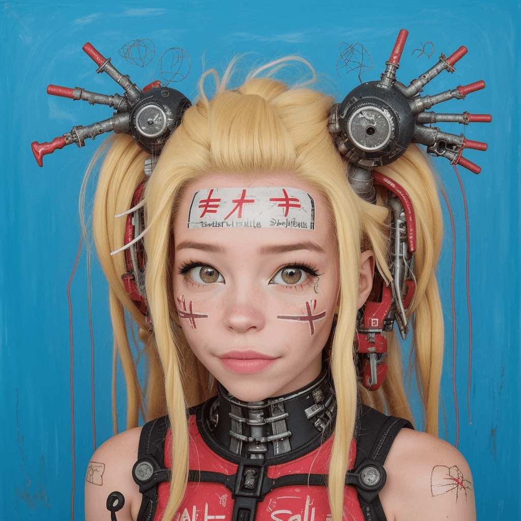 AI generated: by Jean Michel Basquiat,a cyborg girl, <lora:DI_belle_delphine_v1:0.8>