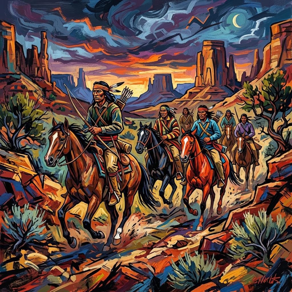 AI generated: Digital art image of a Navajo hunting party, neo-expressionism style