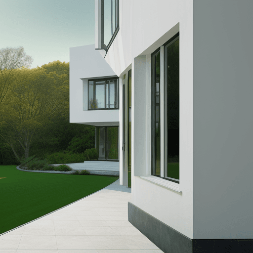 AI generated: Stunning house with green landscape surrounding, panoramic windows, photograph of the outside, white...