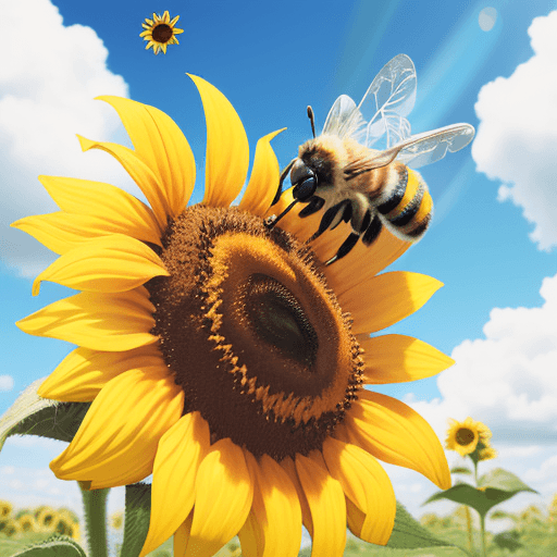 AI generated: Happy bee eating on a sunflower, sunny sky with clouds 
