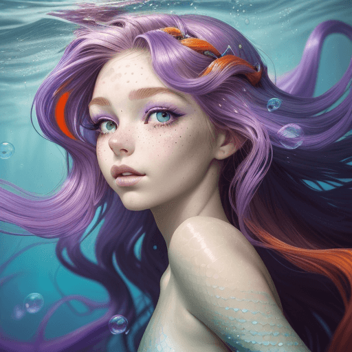 AI generated: Frontal portrait of a whimsical and colorful woman resembling a mermaid or siren. Fair complexion, y...