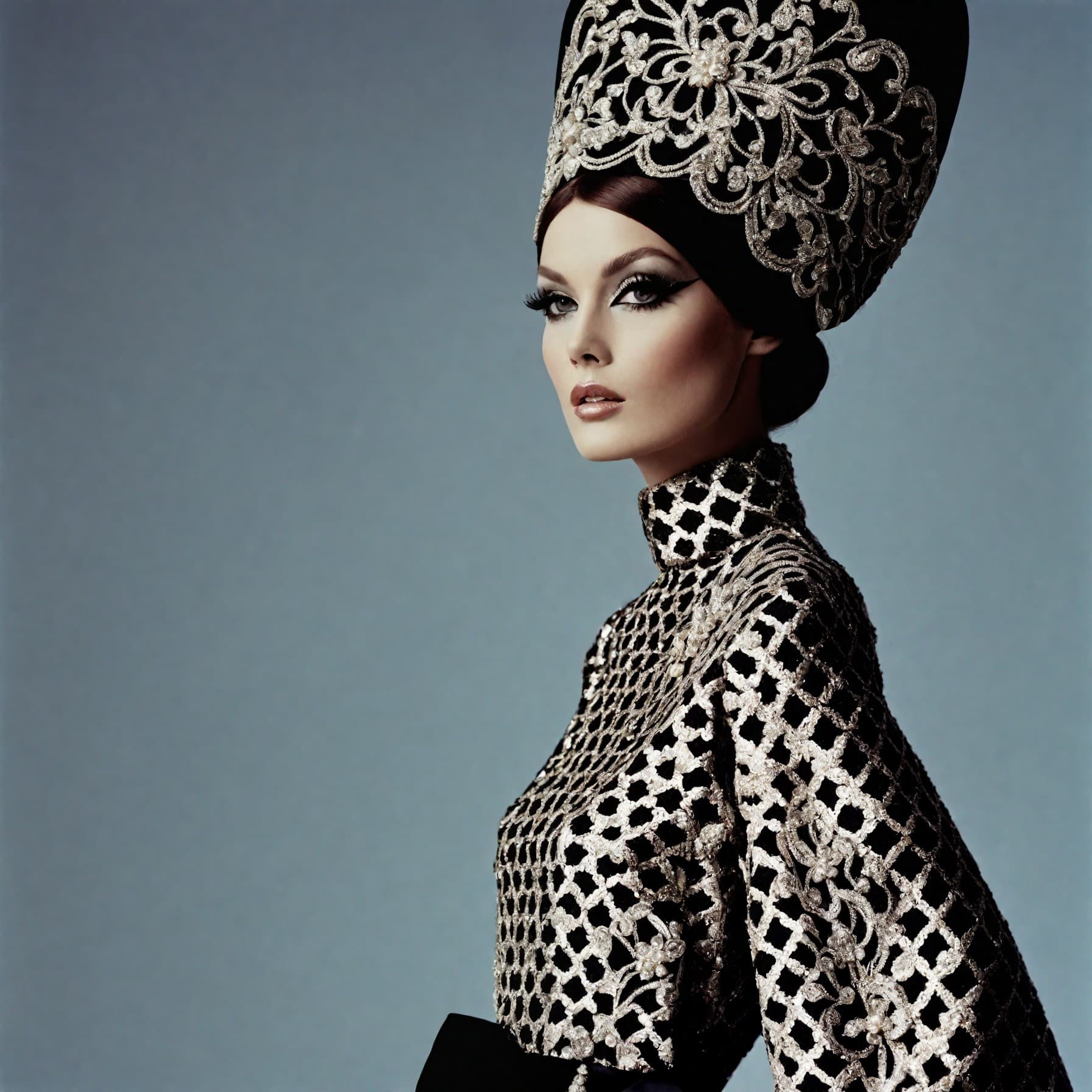 AI generated: high fashion vogue print ad, 1967, couture editorial shot, 8k archival print, by adrienn Henczné Deá...