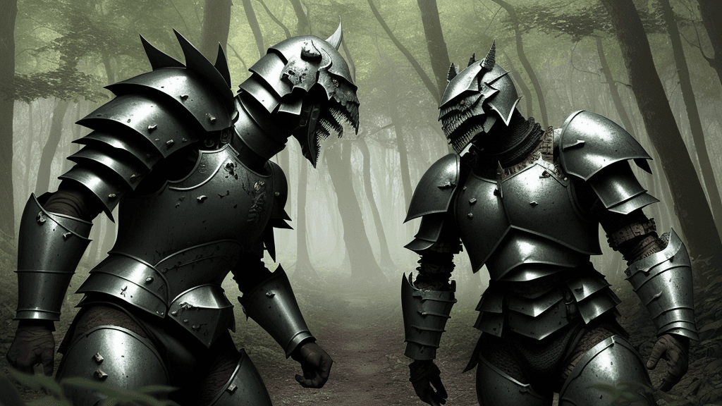 AI generated: a war between human male Armoured warriors and scary monsters in a forest
