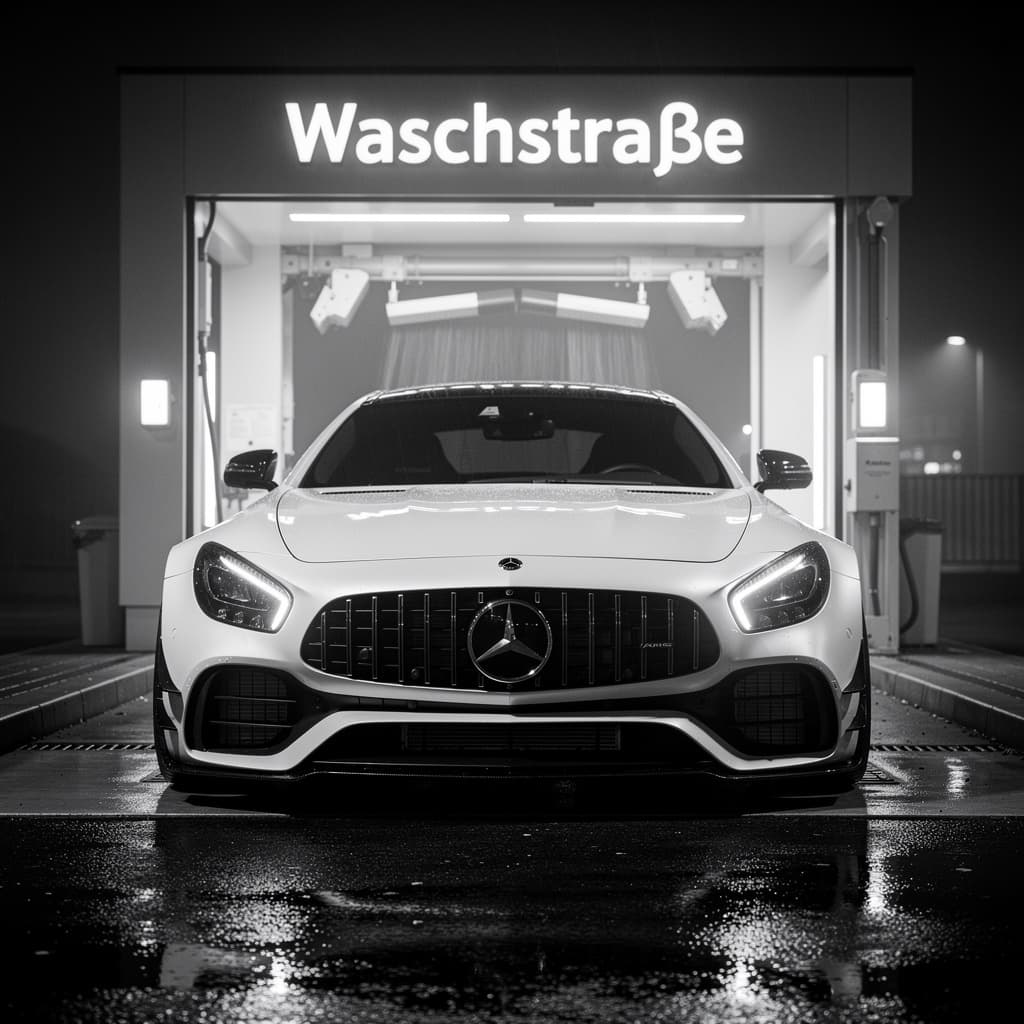 AI generated: A white Mercedes-AMG coupe parked in front of a modern car wash station at night, with the illuminat...