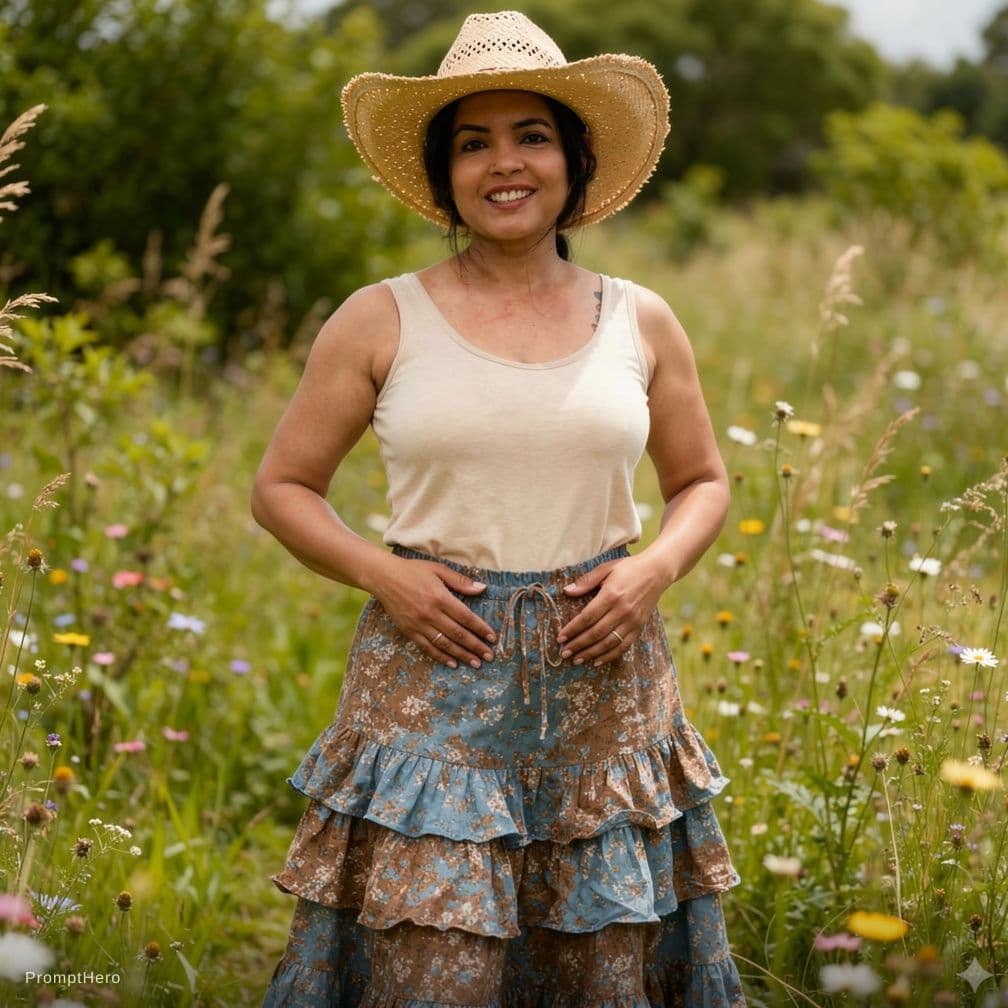 AI generated: A photorealistic full-body portrait of an adult woman standing in a lush, overgrown meadow, captured...
