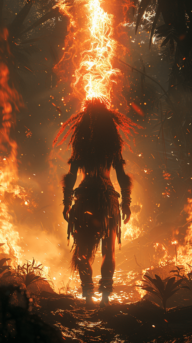 AI generated: Brazilian curupira folklore, super-detailed hypermaximalist cinematography, human person, fiery hair...
