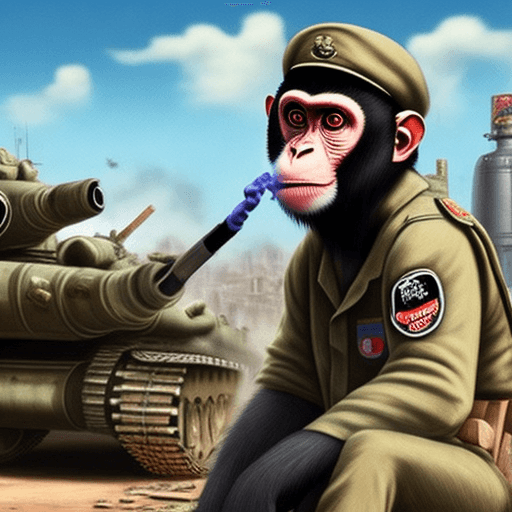 AI generated: hyperrealistic monkey smoking cigarettes during war, he is sittin on big bombs, in the background ta...