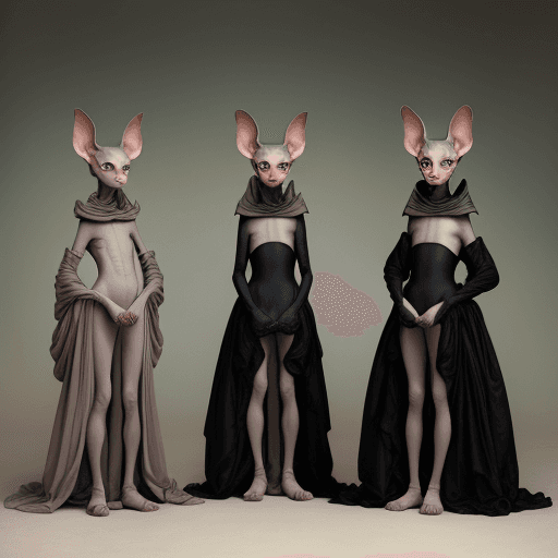 AI generated: three hairless sphinx cats standing, in the style of tim walker, elaborate costumes, sacha goldberge...