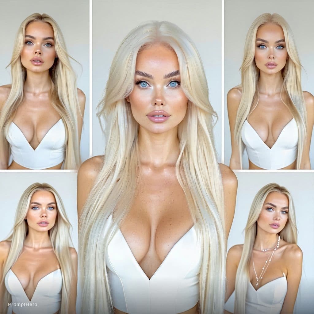 AI generated: Ultra realistic 6-photo collage grid, same identical Russian woman in every frame, extremely beautif...